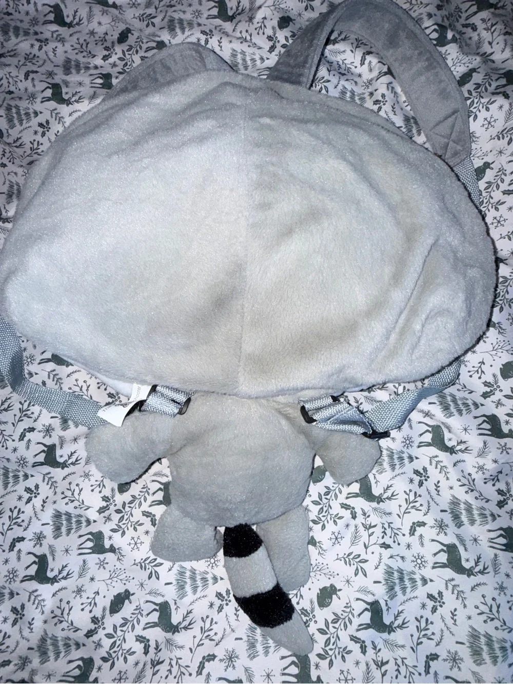 Gray and White Raccoon Plush Backpack